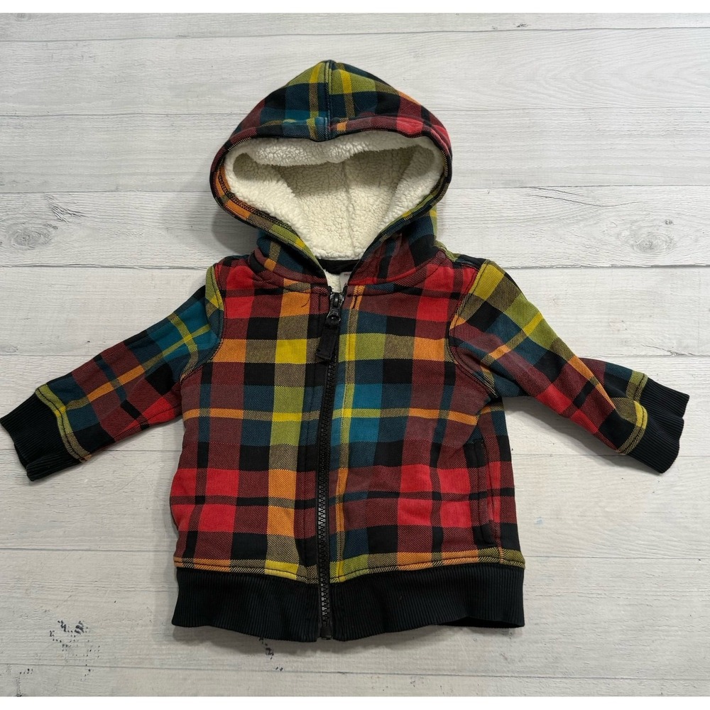 Hanna Andersson baby colorful plaid Sherpa lined zip up sweatshirt 70 6-12 month